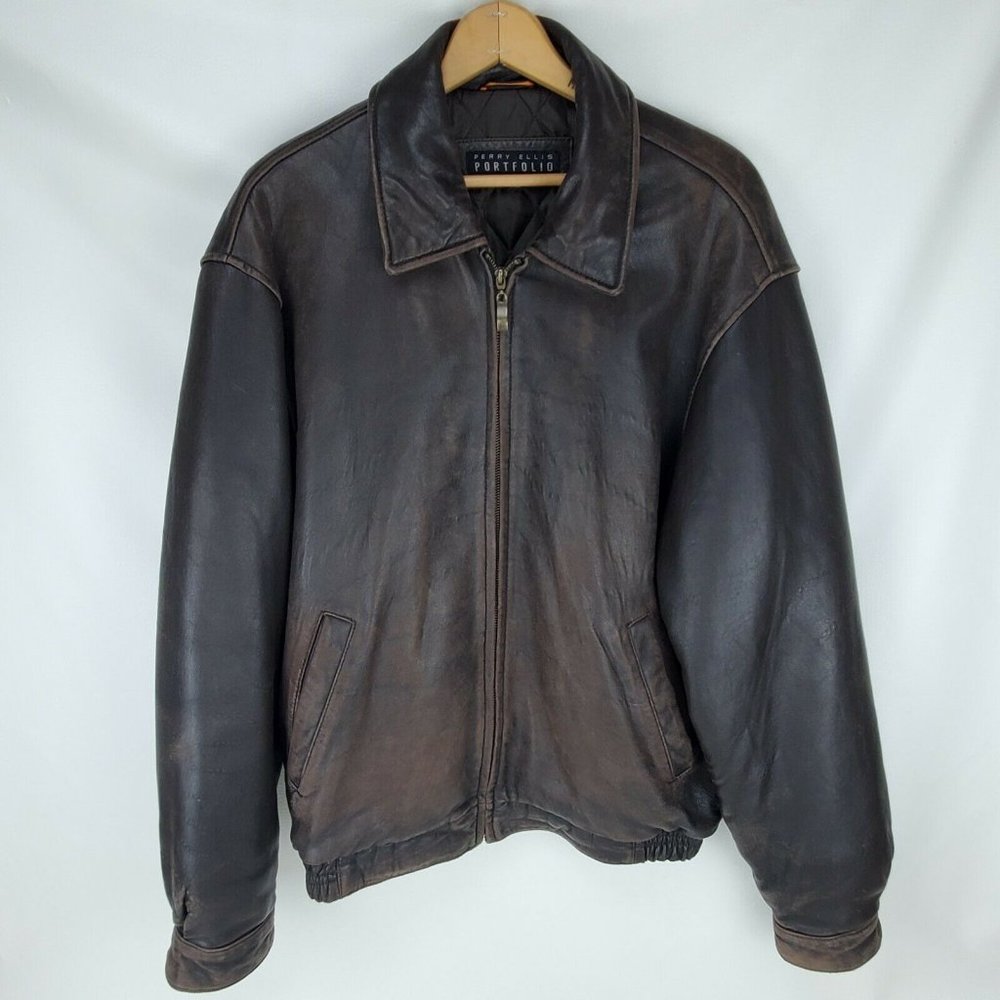 Perry Ellis Portfolio Faux Distressed Brown Leather Bomber Jacket Men's M
